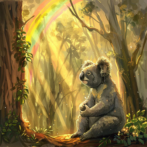 Koala bear under a rainbow in the eucalyptus forest