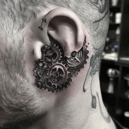 Ear tattoos in the style of Adrian Smith featuring mechanical gears