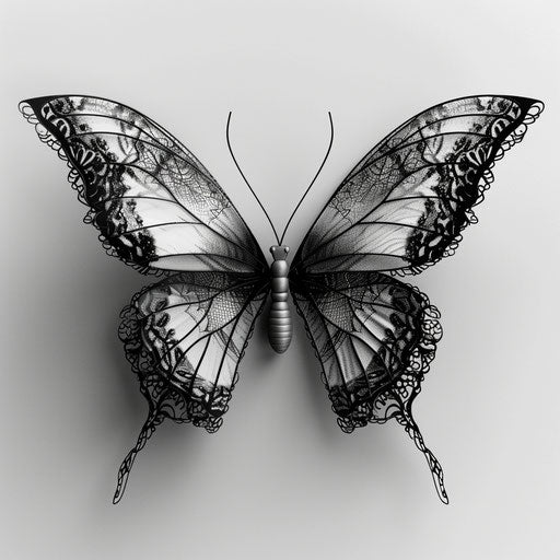 Elegant 3D butterfly tattoo with black and white lace pattern