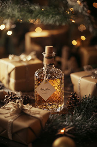 Whiskey bottle with a gift tag surrounded by Christmas presents