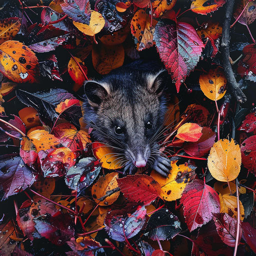 Possum in a vibrant autumn forest with colorful foliage