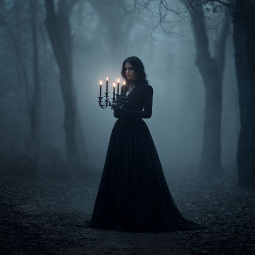 A woman in a dark gown holds a candelabra