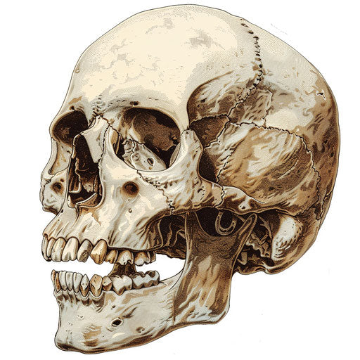 Human skull with teeth, light brown and brown style