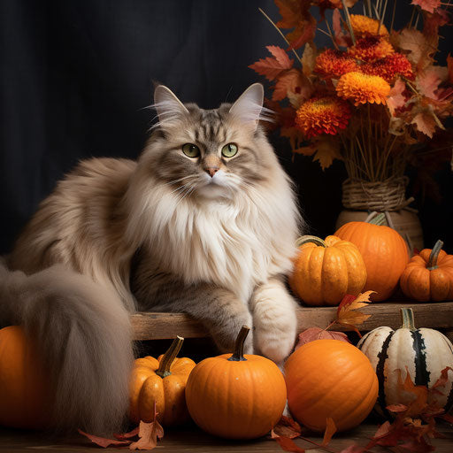 A siberian cat resting with pumpkins