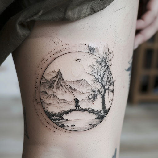 Small mythological journey tattoos in Peter Jackson style