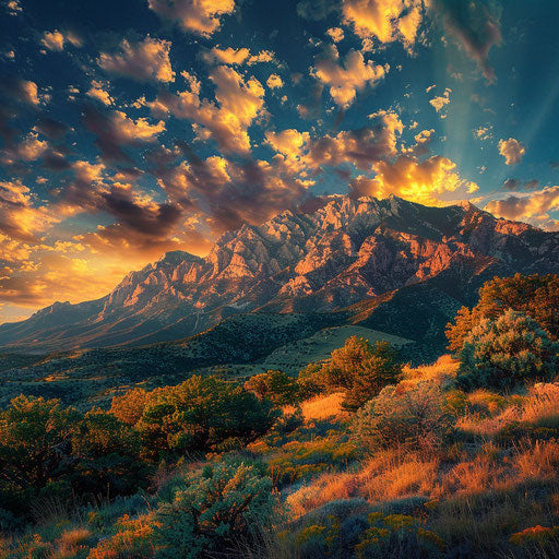 The Sandia Mountains at sunrise, in the style of David Keochkerian