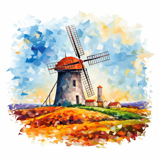 Windmill illustration in the style of Impressionistic Art, on white background