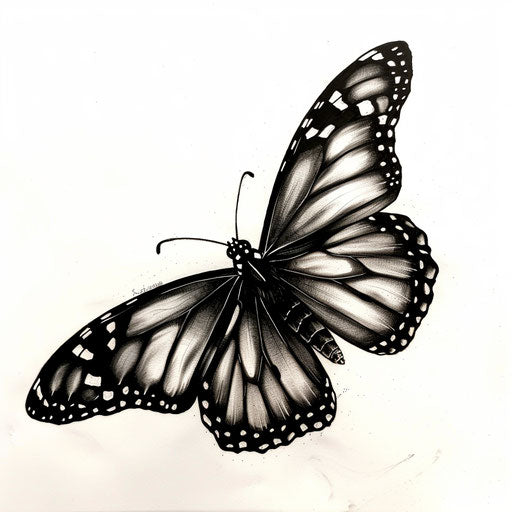 Monarch butterfly tattoo illustration in black and grey shading style on white background