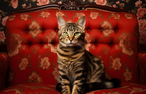 A cat sitting on a couch, in the style of Sumatraism, striped arrangements, bronzepunk, cottagepunk 17:11