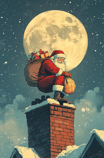 Santa Claus climbing chimney with bag of gifts