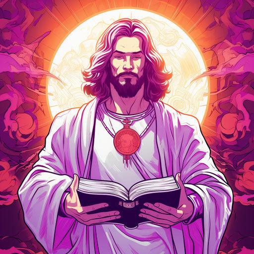 Holy Jesus holding Bible on a silver background
