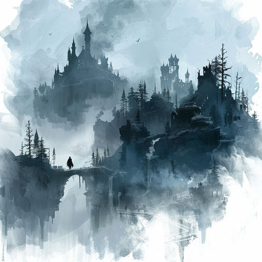 Atmospheric sketch of a foggy Dark Souls landscape