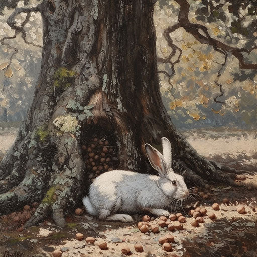 Under the shadow of a large ancient oak, a white tail rabbit nibbles on acorns scattered on the ground.