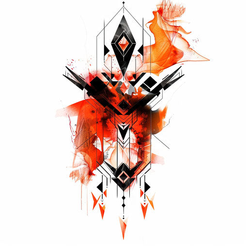 Abstract tattoo symbolizing Hades with geometric shapes and fiery colors