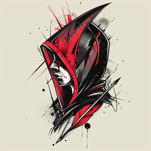 Dynamic flat tattoo sketch of an archer's hood with striking arrow motif