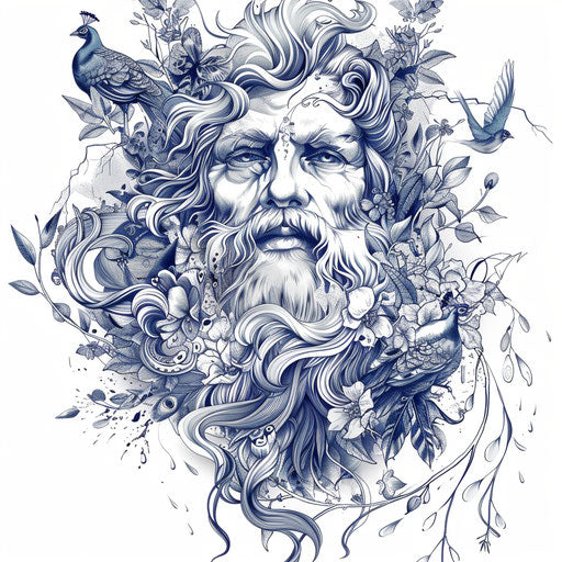 Art nouveau inspired Zeus with natural elements and peacocks
