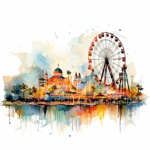 Amusement park clipart in the style of Impressionistic Art, on a white background