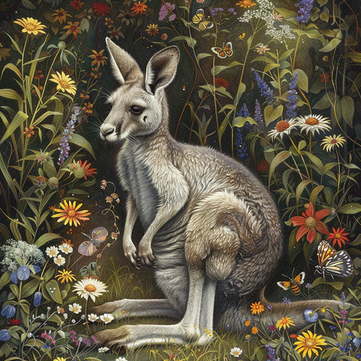Grey kangaroo resting near a wild bush of blooming flowers