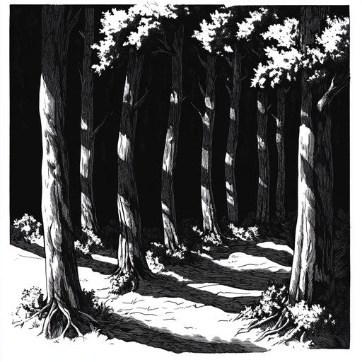 Dramatic forest with intense shadows, in the style of Mark Schultz, striking coloring
