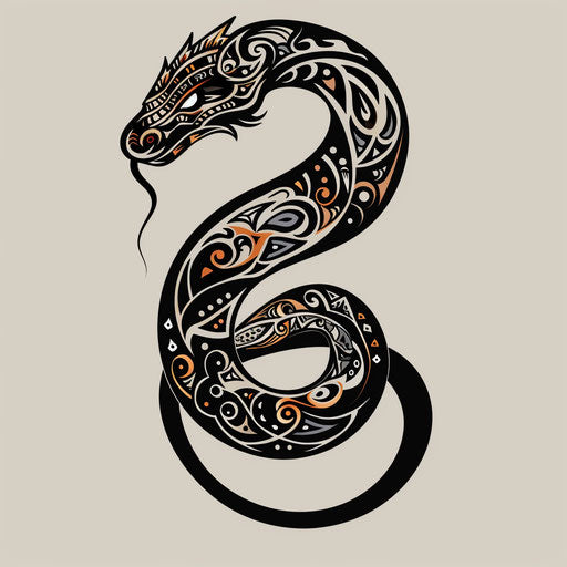 Flat tattoo sketch of decorative serpent with intricate tribal patterns