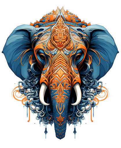 Elephant head adorned in old style, vibrant colors and strong expression