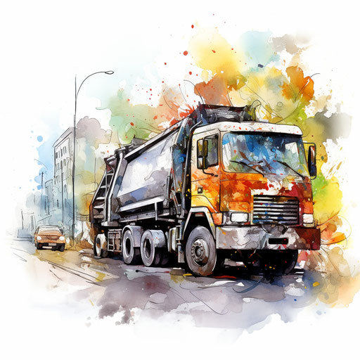 Garbage truck in Impressionistic Art style, on white