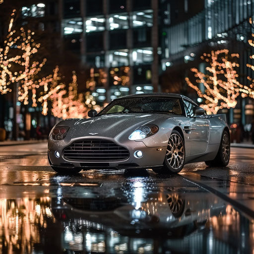 Aston Martin DB7 Zagato with reflective mirror finish in a city at night