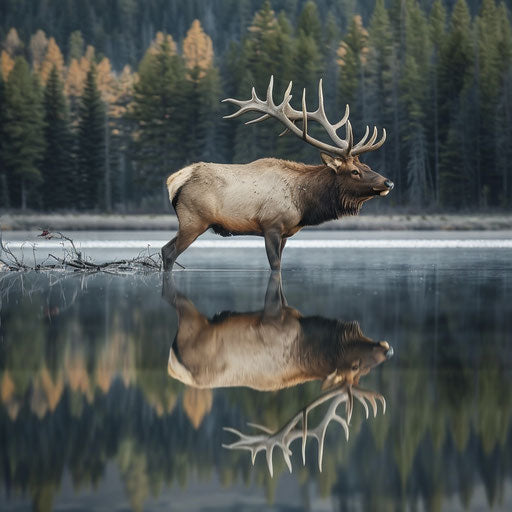An elk reflected in the crystal-clear waters of a serene lake