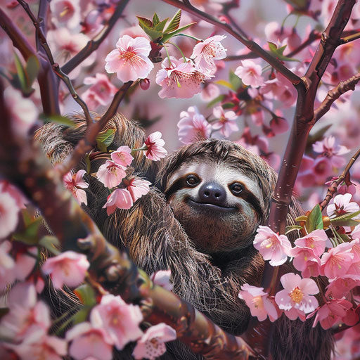 A sloth camouflaged among the branches of a cherry blossom tree