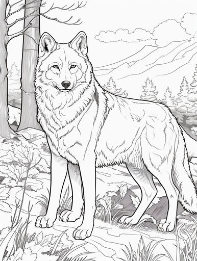 Gray wolf coloring pages, cartoony characters style, pattachitra, light yellow and dark magenta