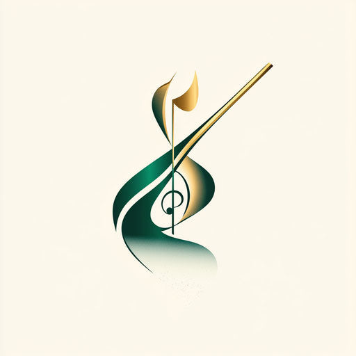 Elegant music logo with a stylized conductor's baton and refined typography, in a vibrant green and gold palette, on a flat cream background.