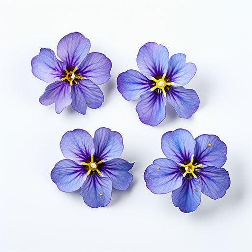 Four blue flowers on white background, Nikon D850 style, light purple and yellow