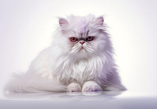White Persian cat on white background, shiny style, northern and southern dynasties, strong contours, expansive, soft mist, dark red and light purple