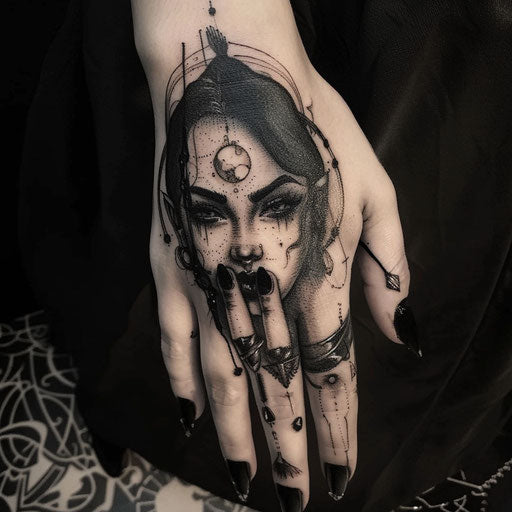 Dark and mysterious hand tattoo for women with occult imagery