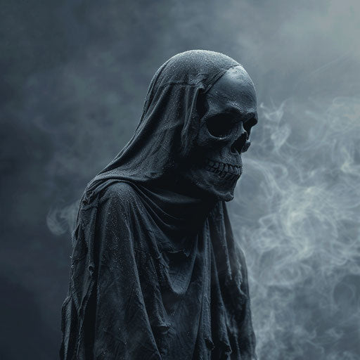 Realistic death illustration on flat blue background