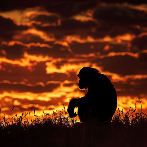 Chimpanzee silhouette against a dramatic sunset
