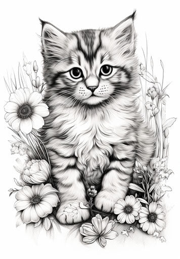 Cartoon kitten sitting in grass, meticulous inking style