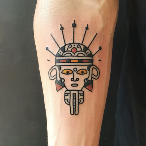Minimalist Mayan sun tattoo, outlined in black with pops of red and yellow, on a white plane.
