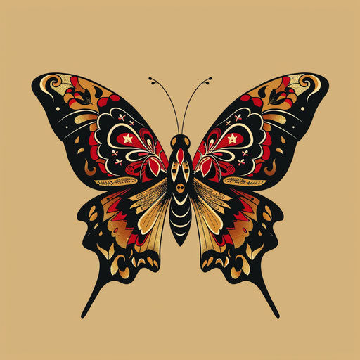 Traditional flat tattoo sketch of a butterfly with folk art patterns, rich reds and golds, clipart style