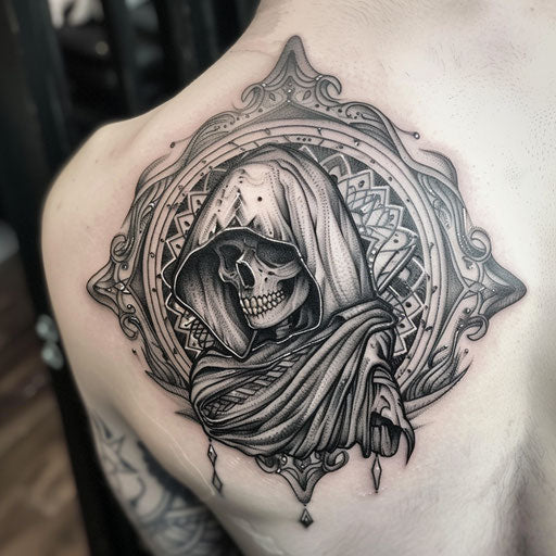 Mandala style reaper tattoo on white canvas