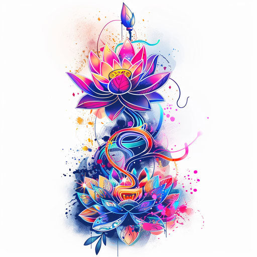 Vibrant unalome tattoo and lotus flower, neon colors