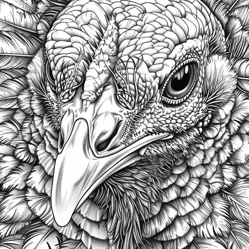 Detailed close-up of a turkey's face and feathers. Coloring book page