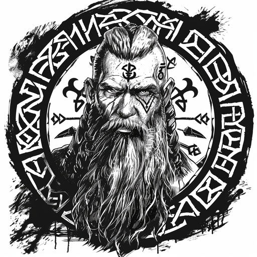 Mystical tattoo sketch of Baldur surrounded by Norse runes