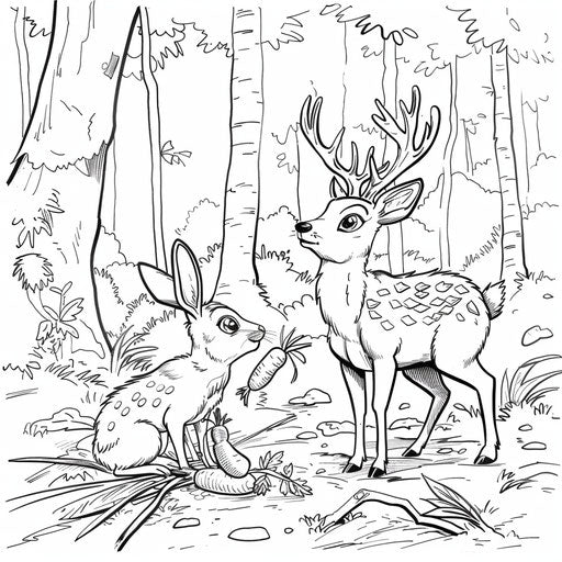 A playful scene of a deer and a rabbit sharing a carrot in the woods.