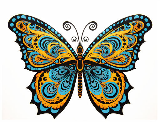 Black and blue butterfly tattoo design, sky-blue and yellow style