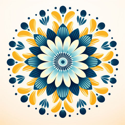 Yellow and blue flowers on white background, symmetrical design