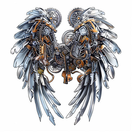Steampunk mechanical wings tattoo art, metallic shades on white