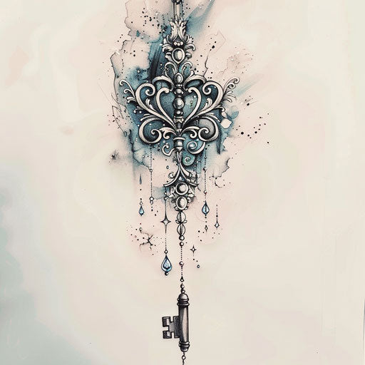 Elegant sketch of a filigree key tattoo with subtle watercolor effects in soft hues