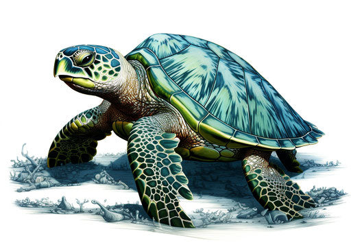 Green sea turtle on white background, intricate black and white style