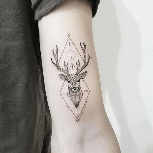 Modern, minimalist deer head tattoo with geometric elements
